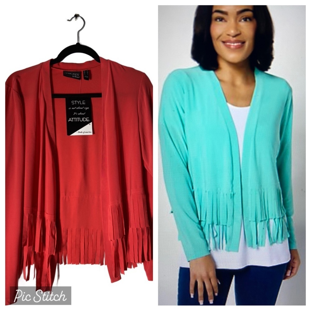 Attitudes by Renee Como Jersey Fringe Jacket Cardigan Topper Tomato Red M New
